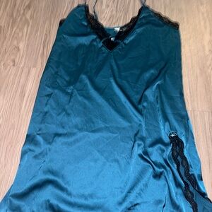 Silk-Like Teal Lace Trim Slip Dress